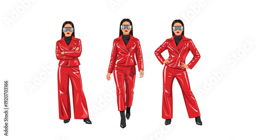 Three fashion models in glossy red two-piece suits and futuristic visors strike different poses on a white background.