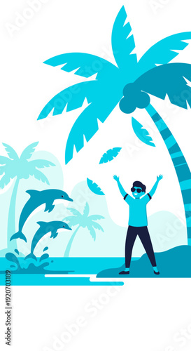 Joyful Person Watching Dolphins Play Under Tropical Palm Trees
