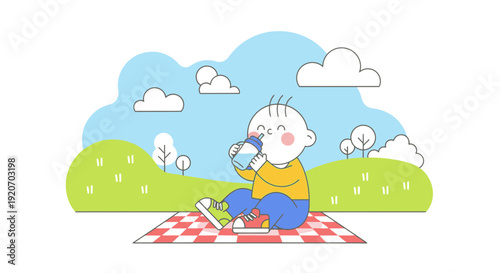 Joyful Toddler Enjoys Refreshing Drink Outdoors Amidst Sunny Spring Scenery