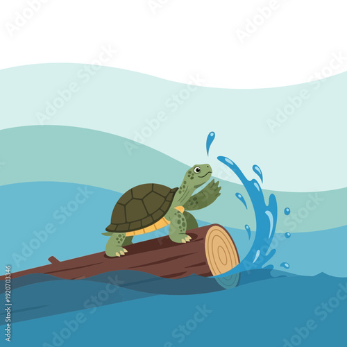 Joyful Turtle Navigates Water Adventure on Floating Log