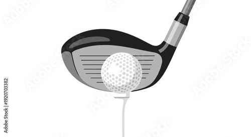 A golf club driver's head is positioned behind a golf ball resting on a tee against a white background.