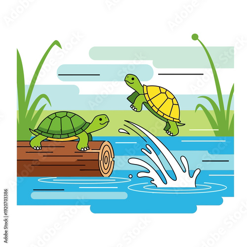 Joyful Turtles Frolicking In A Serene Pond With Tranquil Waters And Floating Log