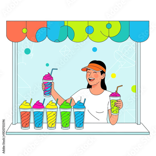 Joyful Vendor Displaying Refreshing Frozen Beverages for Summer Delight and Refreshment