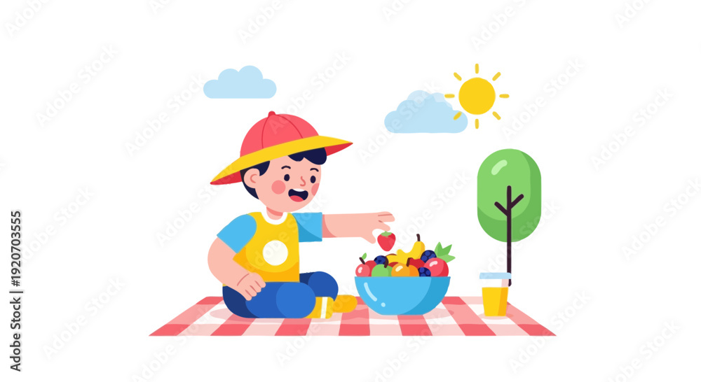 Fototapeta premium Joyful Youngster Enjoys Refreshing Fruit Picnic Under Sunny Skies
