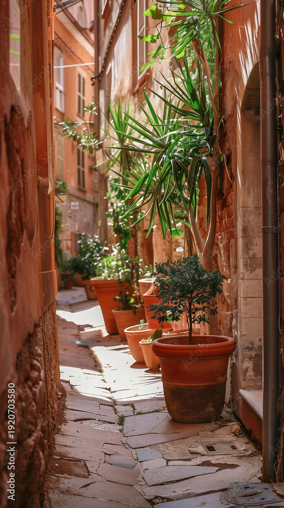 Fototapeta premium Potted plants lining narrow sunlit Mediterranean alley