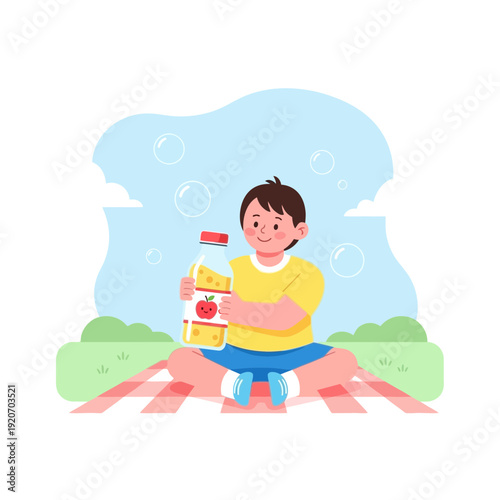 Joyful Youngster Embraces Refreshing Beverage During Outdoor Picnic Adventure