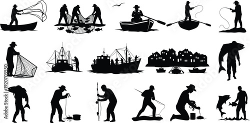 Silhouette vector set of fishermen casting nets, rowing boats, catching fish, coastal village, fishing boat scene, fishing industry illustration.