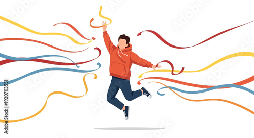 Joyful Youngster Leaping With Colorful Swirling Ribbons Of Success And Freedom
