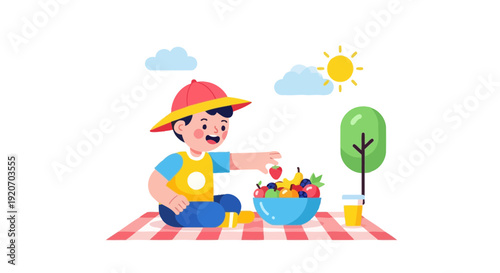 Joyful Youngster Enjoys Refreshing Fruit Picnic Under Sunny Skies