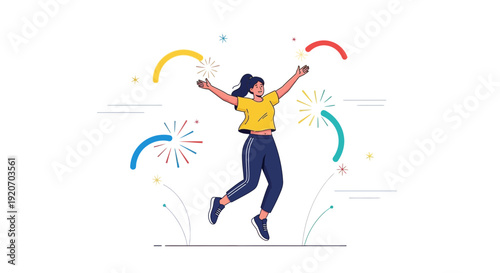 Joyful Woman Celebrating With Festive Fireworks Display