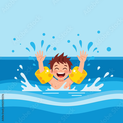 Joyful Youngster Splashing With Water Wings In Pool Fun