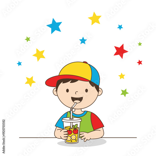 Joyful Youngster Savoring Fruity Beverage Amidst Celestial Sparkles
