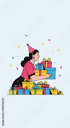 Joyful Woman Embraces Abundant Gifts and Festive Confetti Celebration