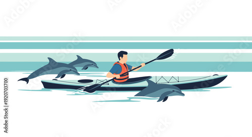 Kayaking Adventure With Playful Dolphins Surrounding A Lone Paddler