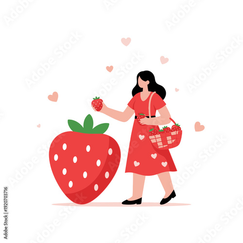Joyful Woman Picking Fresh Strawberries In A Vibrant Summer Scene