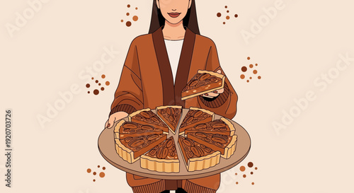 Joyful Woman Presents Delicious Pecan Pie Slices For Sharing