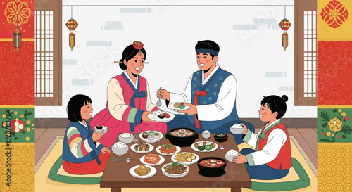 Korean Family Gathering Enjoying Traditional Meal Together In Traditional Clothes