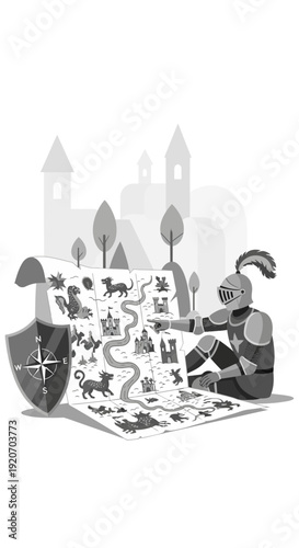 Knight Studying Ancient Quest Map With Castle Background And Compass