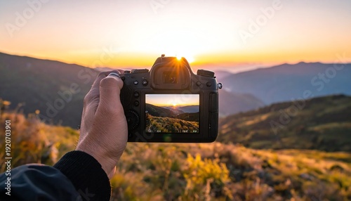 Photography of a Serene Sunset over Mountains Captured with a Digital Camera