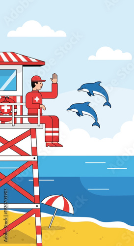 Lifeguard Watches Playful Dolphins While Sitting In His Tower At The Beach