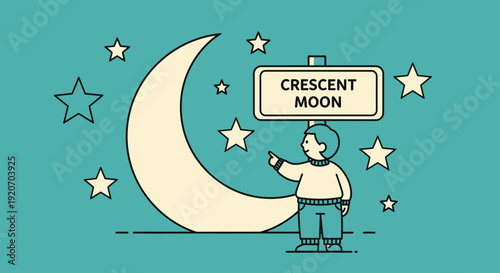 Little Boy Points Towards A Crescent Moon And Stars In A Stylized Night Sky