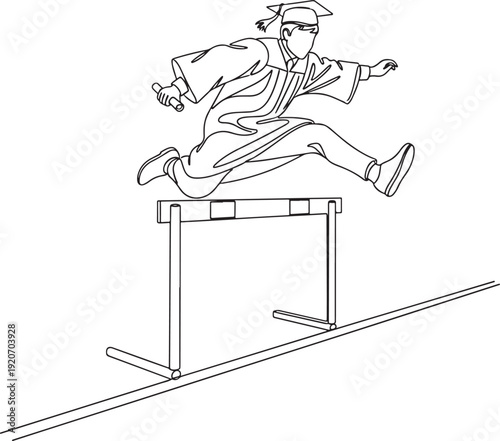 Graduate in cap and gown hurdles a barrier with diploma, representing overcoming challenges in pursuit of success.