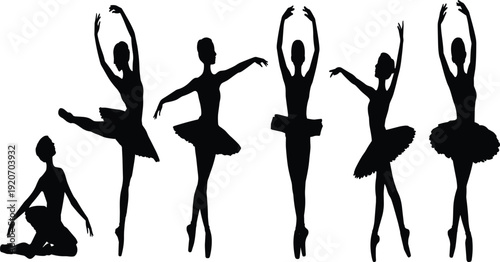 Silhouettes of Ballet Dancers in Various Poses, Elegant Female Ballerinas Performing Dance, Graceful Classical Ballet Vector Art Illustration