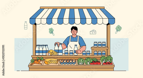 Local Market Stall Displaying Fresh Produce And Dairy Products