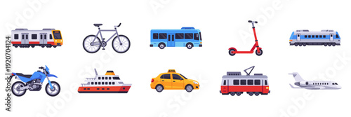 Set of transport icons, public transit and travel, airplane, train, bus, ship, bicycle, colorful collection with vector flat illustrations