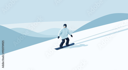 Lone Snowboarder Carving Down a Serene Winter Mountain Slope