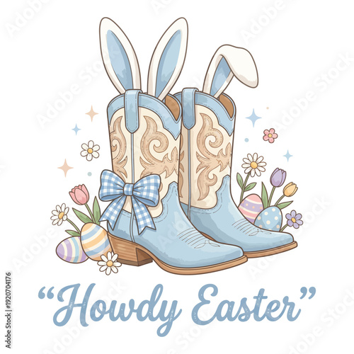 Howdy Easter Cowgirl Boots with Bunny Ears Western Spring Illustration
