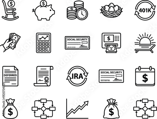 Retirement savings and financial planning line icons set featuring pension IRA 401k investment income security symbols outline vector
