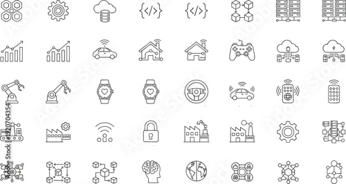 Set of line icons representing internet of things, industry, smart technology, automation, data, and cloud computing.