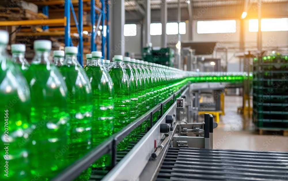 Fototapeta premium Rainy Evening in a Beverage Bottling Plant with Damp Green Bottles