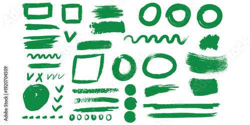 Green hand drawn design elements set with brush strokes circles check marks and squiggles