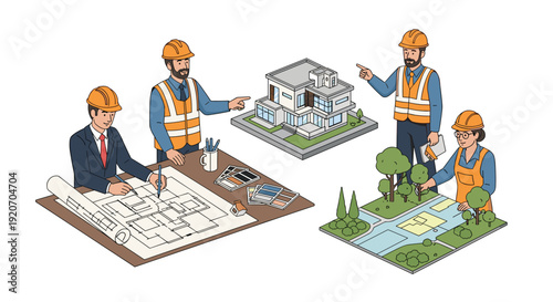 Four construction professionals discuss building plans and a 3D house model, with another designing a landscape.