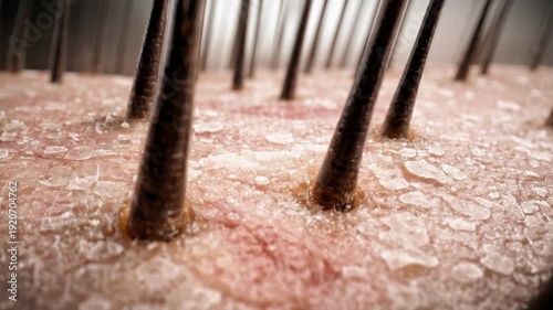Macro view of human scalp shedding dandruff flakes as hair strands move, showing dry irritated skin close up