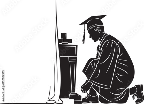 Graduate kneeling to tie shoelaces, representing preparation and attention to detail before the next big step after graduation.