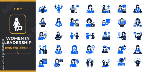Business Woman and Female Leadership Duotone Glyph Vector Icons Set — Gender Equality, Diversity Inclusion, STEM Career and Corporate Empowerment Icons for Web and App UI