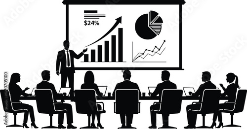 Business meeting presentation silhouette, team conference training analytics growth strategy, corporate seminar workshop, financial chart report, leadership planning discussion, office teamwork 