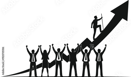 Business growth success silhouette, team celebration with leader climbing upward arrow, corporate achievement strategy, leadership motivation, financial progress teamwork concept illustration