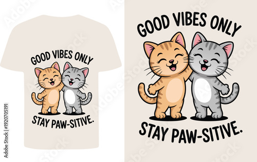 Cute kitten illustration with good vibes only text on a t shirt
