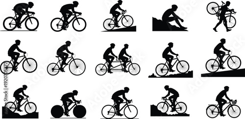 Silhouettes of cyclists riding bikes uphill, downhill, relaxing, lifting bicycles, tandem cycling, isolated vector set for sport and fitness.