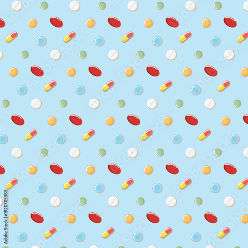 Pills pattern, tablets background with capsules, pills of different colors