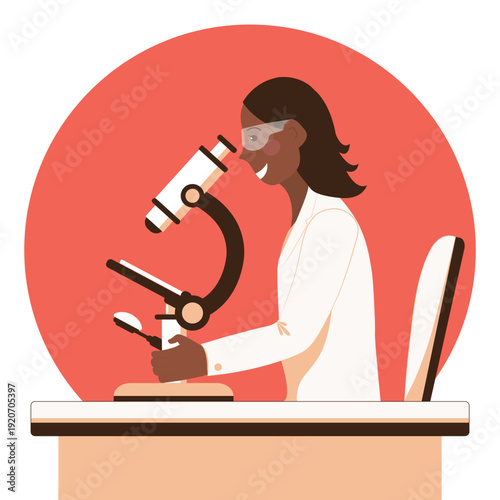 Female scientist with dark skin examines under a microscope while wearing protective glasses