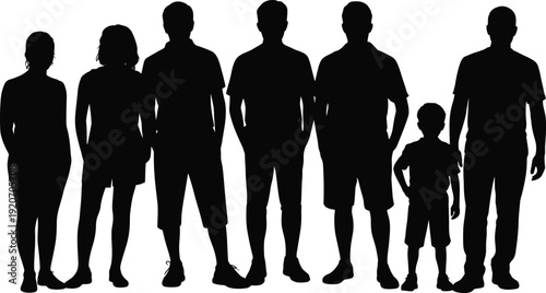 Silhouettes of diverse family group standing together, parents, children, adults, casual poses, black vector figures, isolated white background