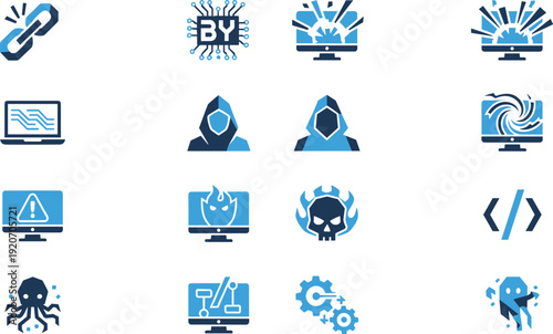 Cybersecurity icons, hacking symbols, digital threat graphics, malware visuals, system breach, warning alerts, botnet, coding, virus, ransomware