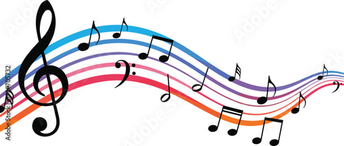 Vector illustration of colorful musical staff with treble clef, bass clef, notes, flowing rhythm design, creative decorative motifs 