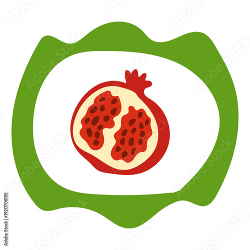 Cartoon Pomegranate  Fruit Retro Frame. Positive Vibrant Cute Decoration. Happy Vibes cafe Menu Decoration Icon Element. Birthday Greeting Party Card Decor Part. Logo Label Funny cartoon Graphic