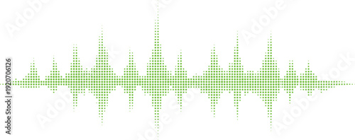 Stylized green dotted sound wave illustration with peaks and troughs symbolizing audio signal, music production, and sound analysis